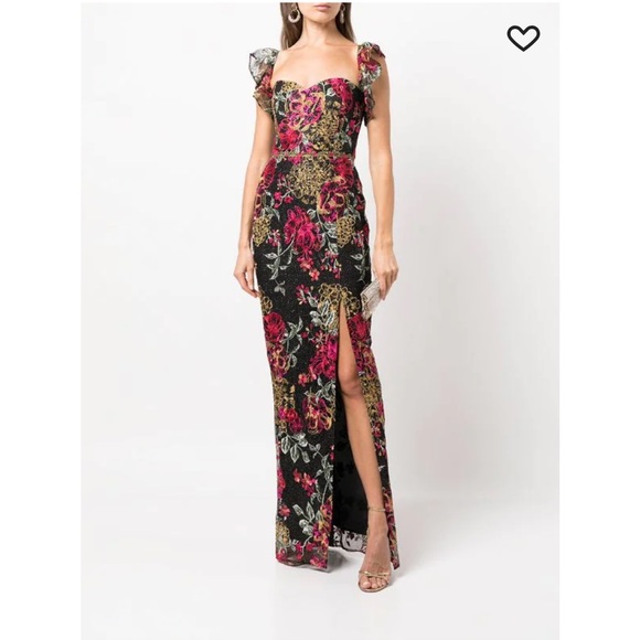 NWT Marchesa Notte Floral-embroidered side-slit gown - Picture 1 of 7